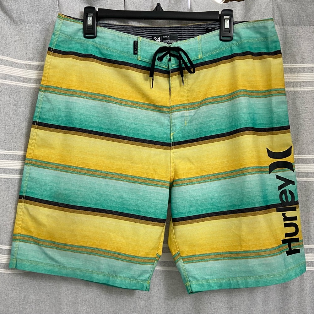 Hurley / Yellow, Green & Black Striped Hybrid Swim Board Shorts Size 34